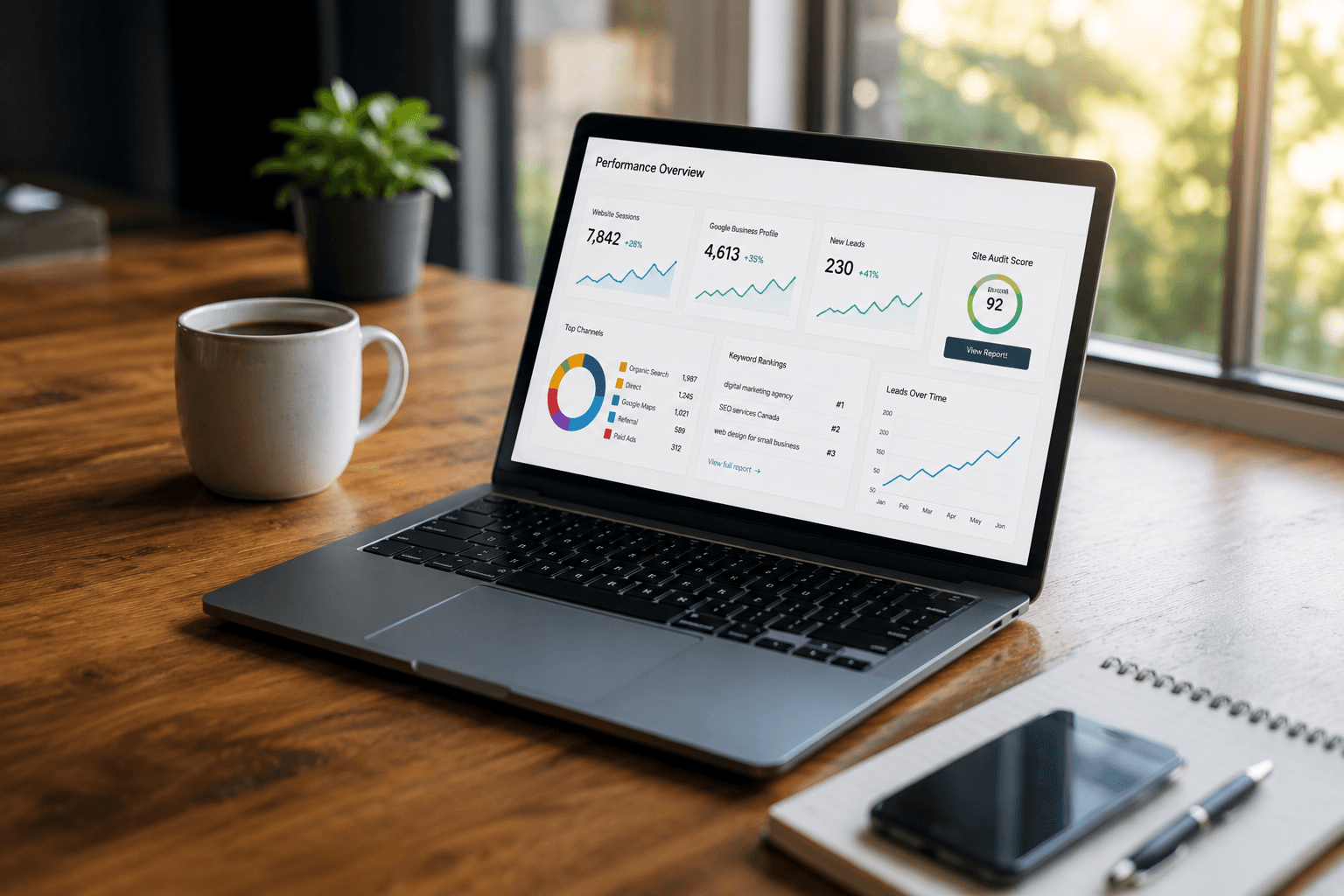 Laptop showing marketing performance dashboard on a desk